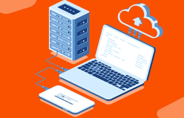 Ilustración que muestra un ordenador portátil conectado a un servidor y a la nube. El servidor tiene múltiples unidades de almacenamiento y hay flechas que indican la transferencia de datos hacia la nube. La escena está sobre un fondo naranja.