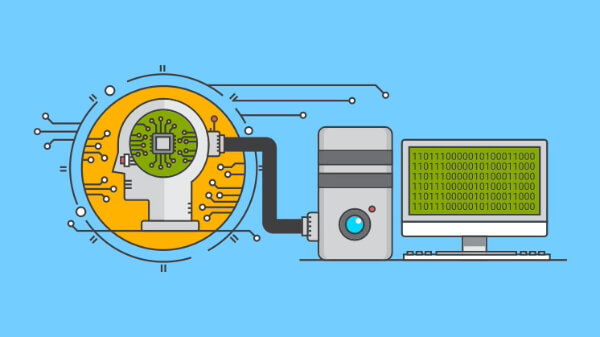 Una ilustración que representa un robot conectado a una computadora, simbolizando el concepto de Inteligencia Artificial. El robot tiene un circuito integrado en su cabeza, lo que sugiere procesamiento de datos, y líneas que indican la transferencia de información hacia la computadora, que muestra un código binario en su pantalla. El fondo azul claro resalta la temática tecnológica y la automatización asociada a la IA.