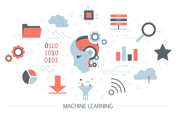 Ilustración sobre aprendizaje automático, que incluye elementos como un rostro humanoide con engranajes, códigos binarios (0110, 1010, 0101), gráficos, nubes, carpetas y otros íconos relacionados con la tecnología y el análisis de datos, con el texto 'MACHINE LEARNING' en la parte inferior.