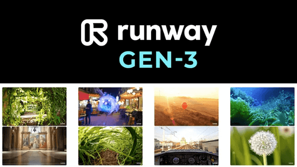 Imagen en la que aparece el texto 'runway GEN-3' junto con el logo de la compañía, sobre un fondo negro. En la parte inferior de la imagen, se muestran algunos ejemplos de material generado por el modelo.