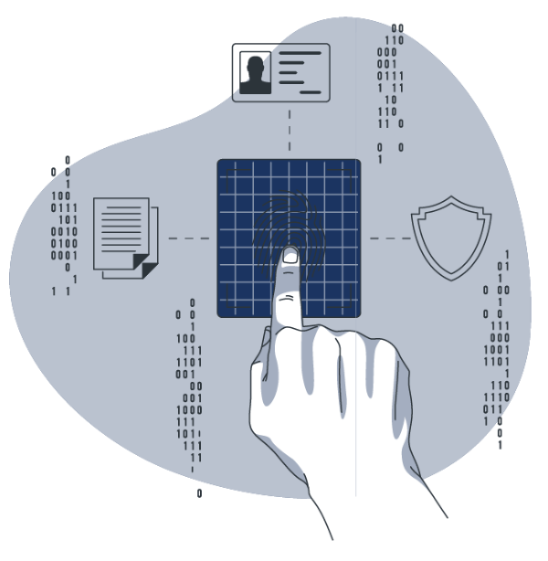 Una ilustración que muestra una mano tocando un panel digital con un diseño de huella dactilar. Alrededor del panel, hay íconos que representan un documento, una identificación y un escudo, junto con números binarios que sugieren un tema de tecnología y seguridad de datos.