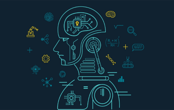 La imagen muestra una ilustración de un perfil humanoide con un cerebro mecánico, rodeado de elementos gráficos que representan tecnología y ciencia, como circuitos, engranajes, moléculas y gráficos. El fondo es oscuro, lo que resalta los colores brillantes de los elementos visuales.