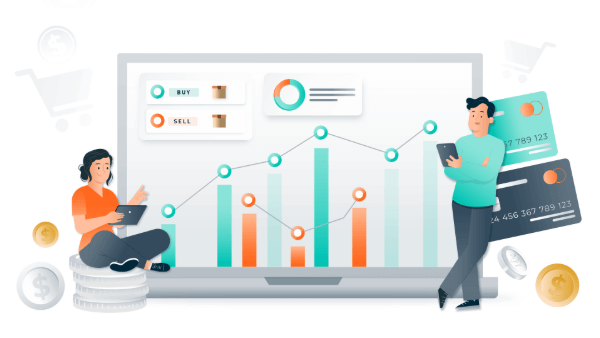 Ilustración digital que muestra a dos personas interactuando con gráficos de datos financieros en una pantalla grande. A la izquierda, una mujer sentada usa una tablet mientras está rodeada de monedas. A la derecha, un hombre de pie sostiene un dispositivo móvil. En el fondo, hay gráficos de barras y líneas que representan estadísticas de compra y venta, junto con tarjetas de crédito y un carrito de compras.