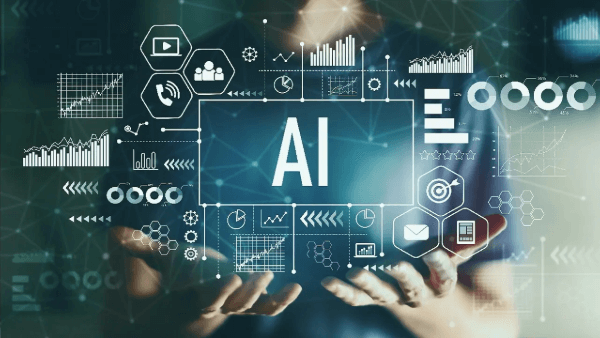 Un fondo digital que muestra el concepto de inteligencia artificial (IA), con gráficos, iconos y datos relacionados con tecnología y análisis. En el centro, la palabra 'AI' destaca en un cuadro, simbolizando la importancia y el impacto de la inteligencia artificial en diversas áreas.